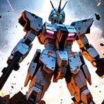 **Unicorn Gundam Psychoframe Burst:** Unicorn Gundam in Destroy Mode, psychoframe glowing intensely, powerful pose, dynamic lighting, battlefield background.
