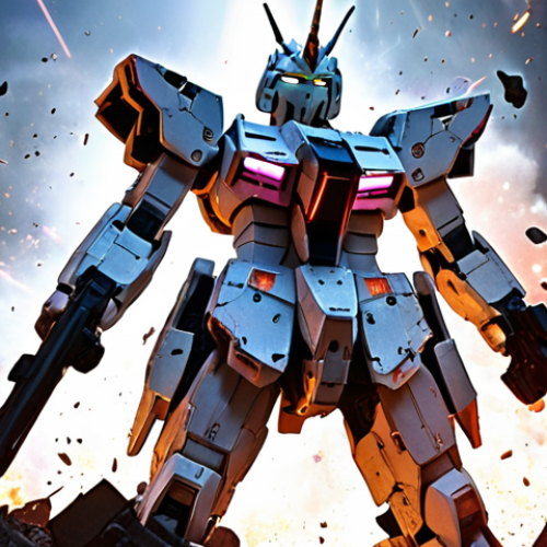 Home 6 **Unicorn Gundam Psychoframe Burst:** Unicorn Gundam in Destroy Mode, psychoframe glowing intensely, powerful pose, dynamic lighting, battlefield background.