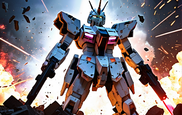**Unicorn Gundam Psychoframe Burst:** Unicorn Gundam in Destroy Mode, psychoframe glowing intensely, powerful pose, dynamic lighting, battlefield background.