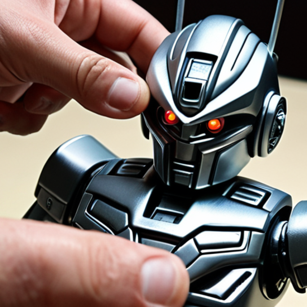 **Prompt 1: Chogokin Unboxing Experience**
    A close-up shot of hands carefully unboxing a Chogokin robot model. The robot, preferably a classic super robot, should have a strong metallic sheen, reflecting light beautifully, and showcase incredibly intricate details. The focus is on the premium, weighty feel of the die-cast metal, conveying a sense of awe, quality, and perhaps childhood nostalgia. The background can be softly blurred, suggesting a cozy, personal space.