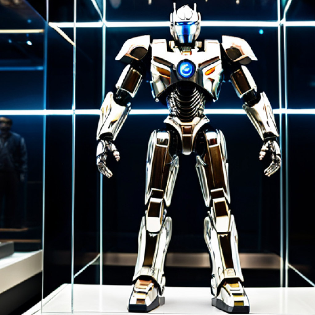 A majestic, fully clothed, premium Chogokin-style collectible robot figure, crafted from polished metallic die-cast material with intricate details. The figure stands proudly in a well-lit, modern display case within a professional, clean museum exhibition space. The lighting highlights its exquisite craftsmanship and reflective surfaces. This image features perfect anatomy, correct proportions, natural pose, well-formed hands, proper finger count, and natural body proportions, ensuring a high-quality, professional, family-friendly, safe for work, and appropriate content depiction.