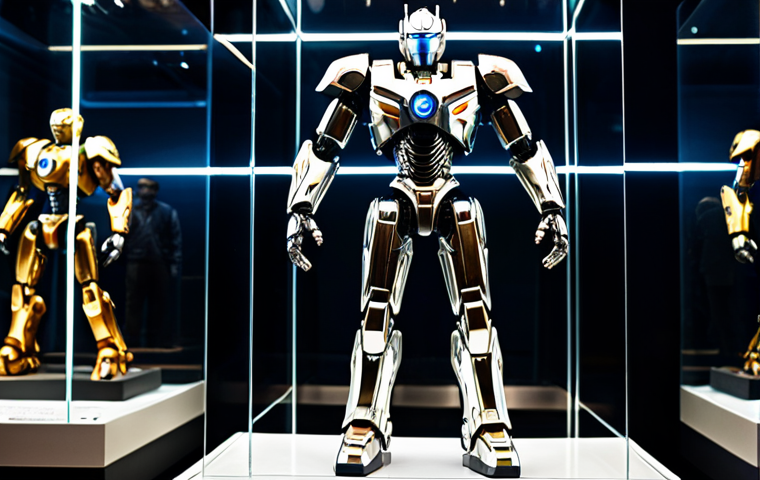 A majestic, fully clothed, premium Chogokin-style collectible robot figure, crafted from polished metallic die-cast material with intricate details. The figure stands proudly in a well-lit, modern display case within a professional, clean museum exhibition space. The lighting highlights its exquisite craftsmanship and reflective surfaces. This image features perfect anatomy, correct proportions, natural pose, well-formed hands, proper finger count, and natural body proportions, ensuring a high-quality, professional, family-friendly, safe for work, and appropriate content depiction.