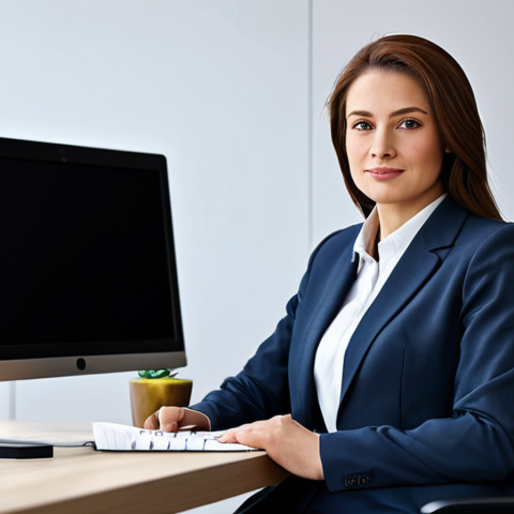 프라모델 수집가 모임 - A professional businesswoman in a modest business suit, sitting at a desk in a modern office, fully ...