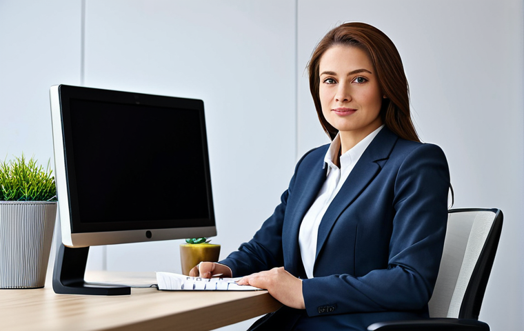 프라모델 수집가 모임 - A professional businesswoman in a modest business suit, sitting at a desk in a modern office, fully ...