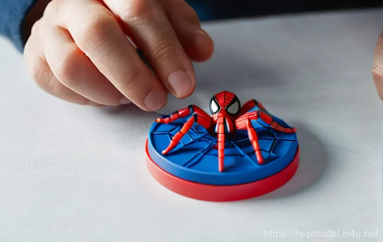 스파이더맨 조립 프라모델 - **Prompt:** A close-up, highly detailed shot of a person's hands carefully assembling a Spider-Man p...